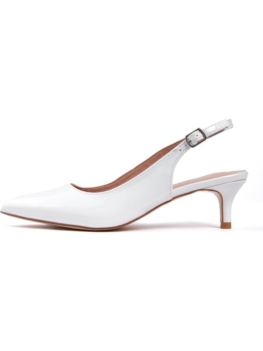 Women's White Leather Patent Slingback Pump Closed Toe Low Kitten Heel Shoes
